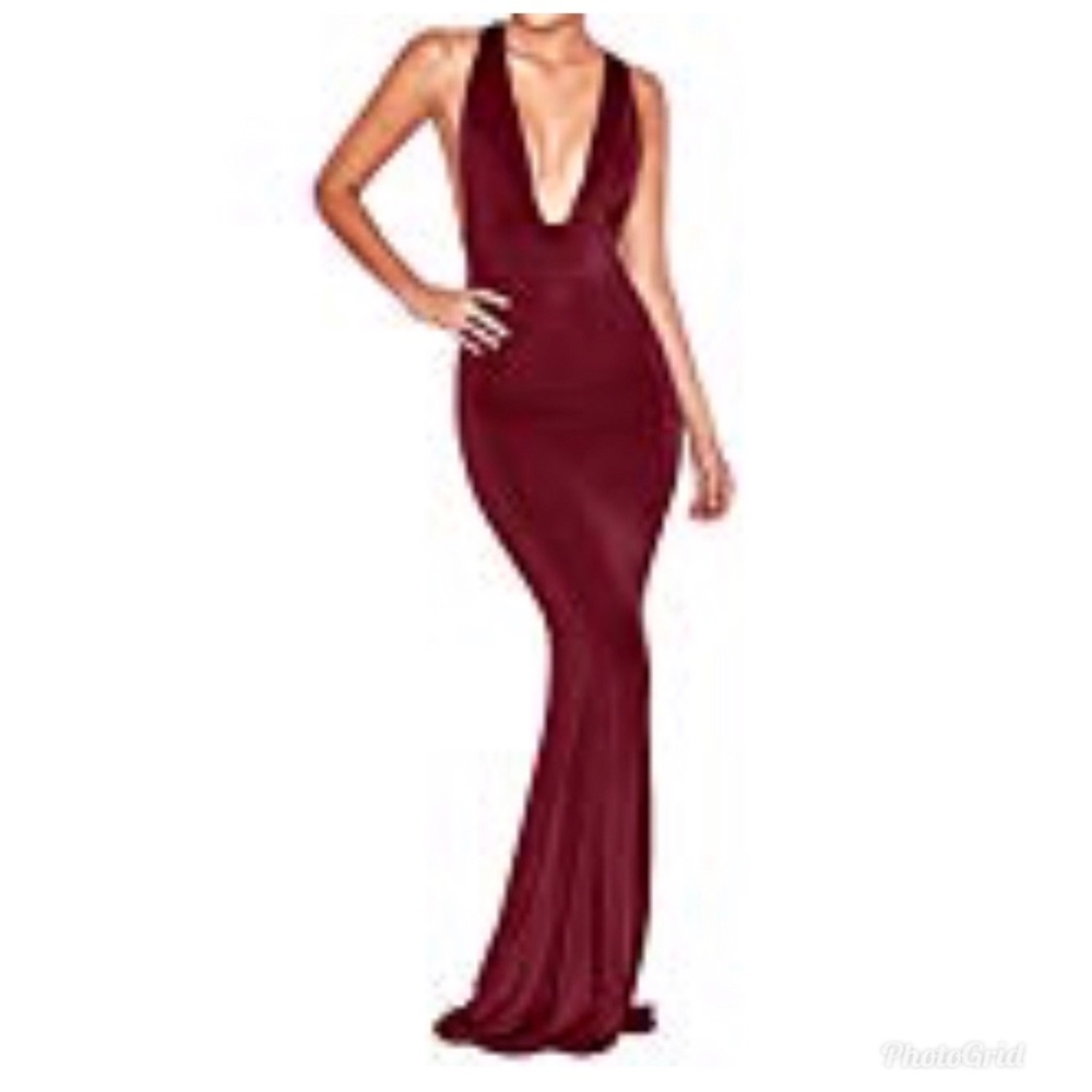 Wine Sexy Deep V-Cut Maxi Dress